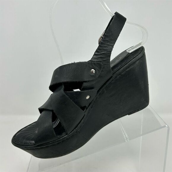 Born Women's Black Leather Strappy Studded Slingback Wedge Sandals Size 7 - Picture 4 of 15